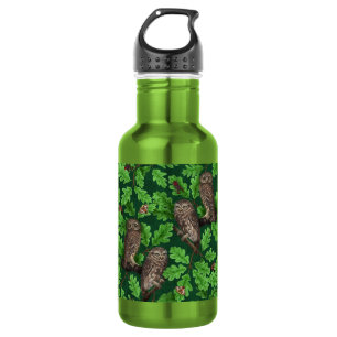Eulen im Wald auf dunkelgrün Edelstahlflasche