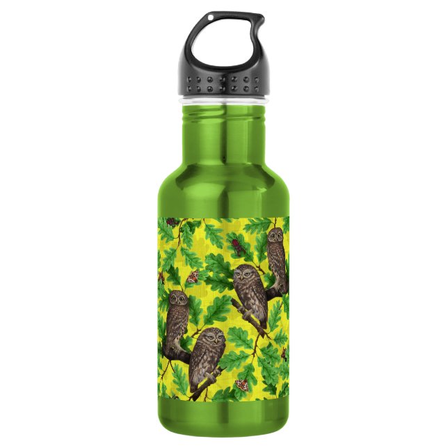 Eulen im Wald auf zitronengelb Edelstahlflasche (Vorderseite)