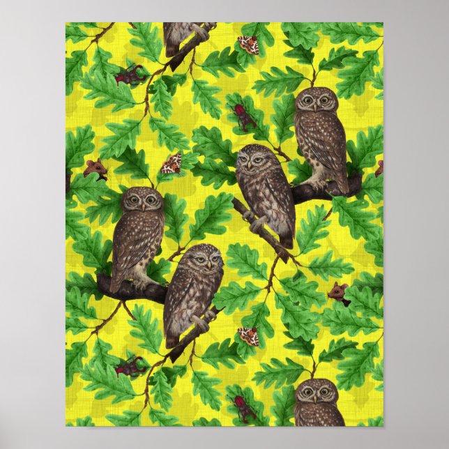 Eulen im Wald auf zitronengelb Poster (Vorne)