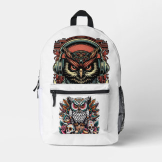 Eulen-Rucksack – Bunte Eulenkunst & Kopfhörer-Desi Bedruckter Rucksack