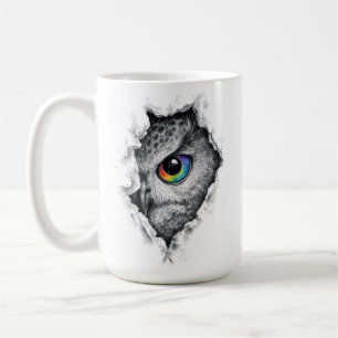Eulen-Tintenporträt mit lebendigem Regenbogen-Auge Kaffeetasse