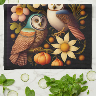 Eulen und Blume   Modernes Haeckel Geschirrtuch