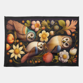 Eulen und Blume | Modernes Haeckel Geschirrtuch