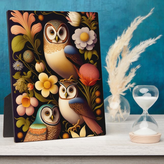 Eulen und Blume | Modernes Haeckel Tabletop Fotoplatte (Seite)
