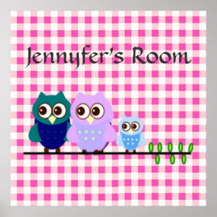Eulenfamilie im rosa Vichy-Muster Poster