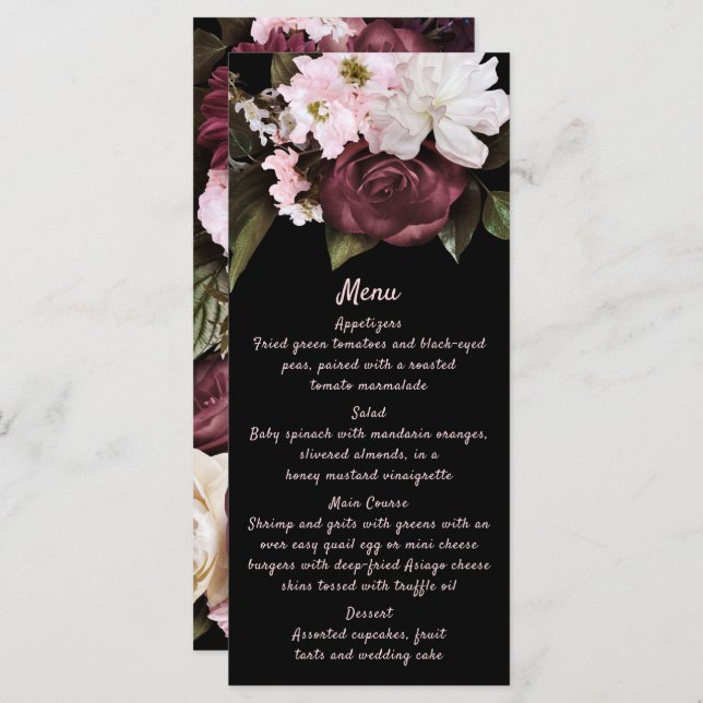 Euphoria Burgundy & Pink Floral Wedding Menu Menükarte (Vorne/Hinten)