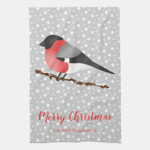 Eurasian Bullfinch Frohe Weihnachten und Familienn Geschirrtuch