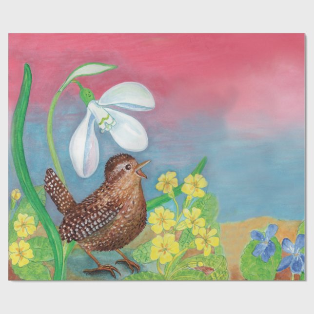 Eurasische Wren & Snowdrop & Primroses Geschenkpapier (Flach)