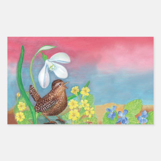 Eurasische Wren & Snowdrop & Primroses Rechteckiger Aufkleber (Vorderseite)
