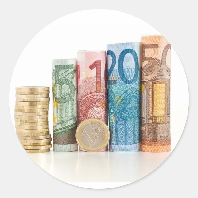 Euro-Banknoten und -Münzen Runder Aufkleber (Vorderseite)