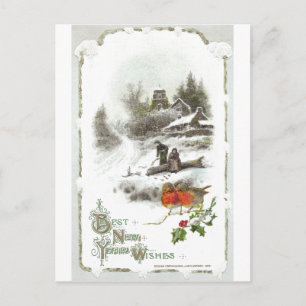 Euro Rotkehlchen und schneebedeckte Hamlet Vintage Feiertagspostkarte