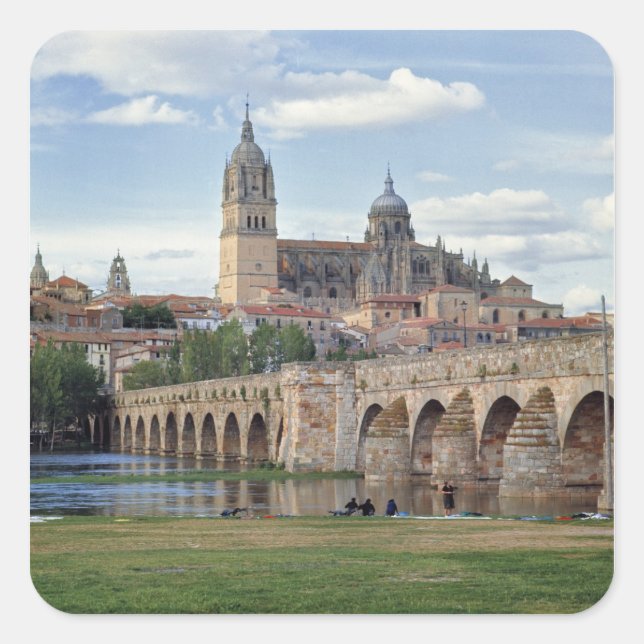 Europa, Spanien, Salamanca Die römische Brücke übe Quadratischer Aufkleber (Vorderseite)