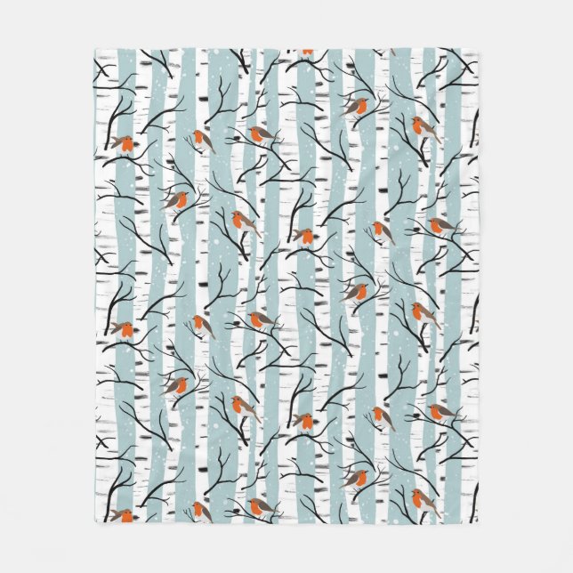 Europäische Robins auf Silberzange im Schnee blau Fleecedecke (Vorderseite)