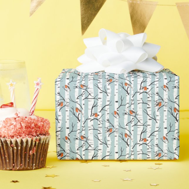 Europäische Robins auf Silberzange im Schnee blau Geschenkpapier (Geburtstagsparty)