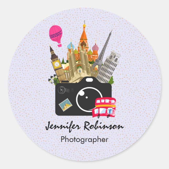 Europäische Sehenswürdigkeiten mit Kamera Runder Aufkleber (Vorderseite)