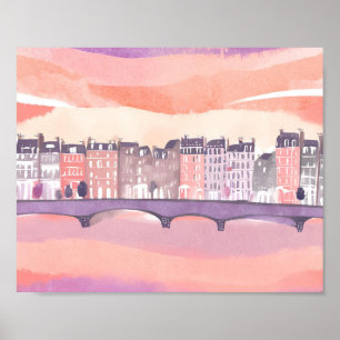 Europäische Stadt Sonnenuntergang   Aquarell Poster