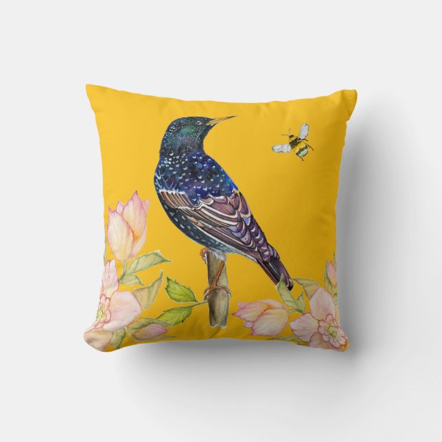 Europäischer Star Vogel Aquarell-Wrap-Papier Kissen (Vorderseite)