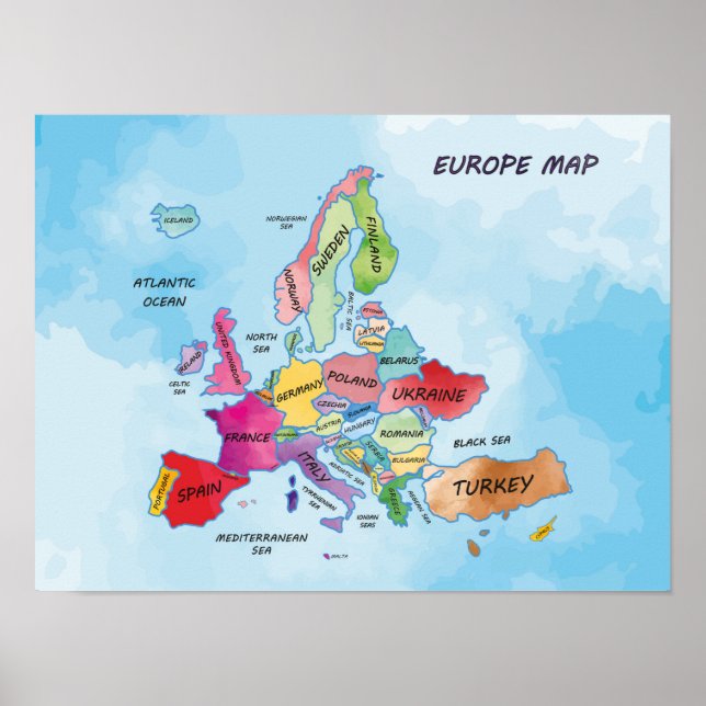 Europe Map Aquarellbilder Poster (Vorne)