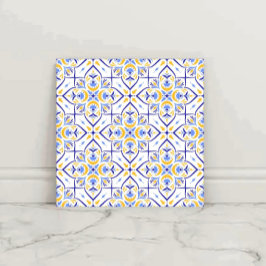 European Floral Blue and Gold Geometric Mosaic Fliese