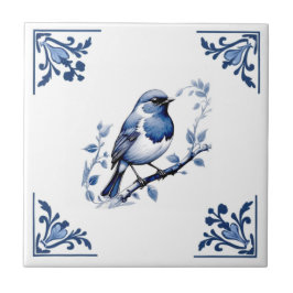 European Robin Bird Delft Blue White Floral Corner Fliese