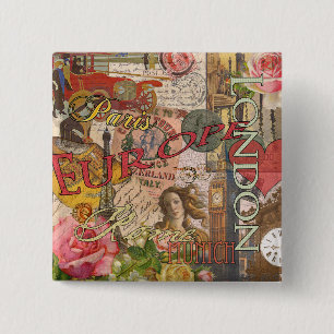 European Travel Print Art London Rom Paris Button