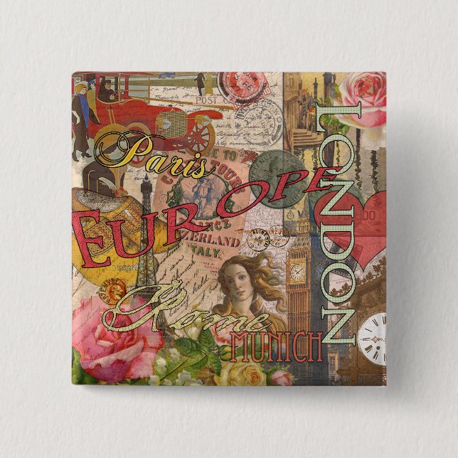 European Travel Print Art London Rom Paris Button (Vorderseite)