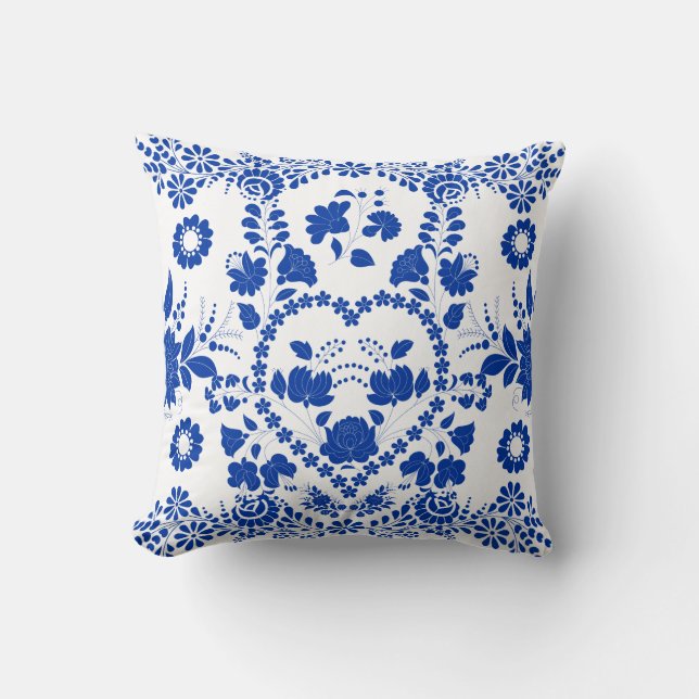 European White Blue Folk Art Pillow Kissen (Vorderseite)