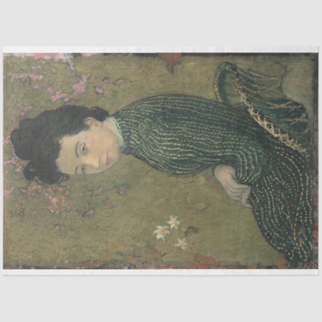 Eva Meurier in grünem Dress-Dekoupage Seidenpapier (Vorderseite)