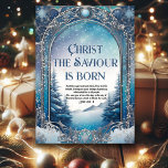 Evangelium Luke Winter Wonderland Blauer Weihnacht Folien Feiertagskarte<br><div class="desc">Jugendstil - Stil silber und blau dekorative Schneeflocke Grenze, schneebedeckte Winterlandschaft mit Tannenbäumen und Bergen. Klassischer Weihnachtsvers aus dem Evangelium Lukas von König James Bibel: Luke 2:10-11 - Und der Engel sprach zu ihnen: Furcht nicht: Denn siehe, ich bringe dir gute Dinge von großer Freude, die für alle Menschen sein...</div>
