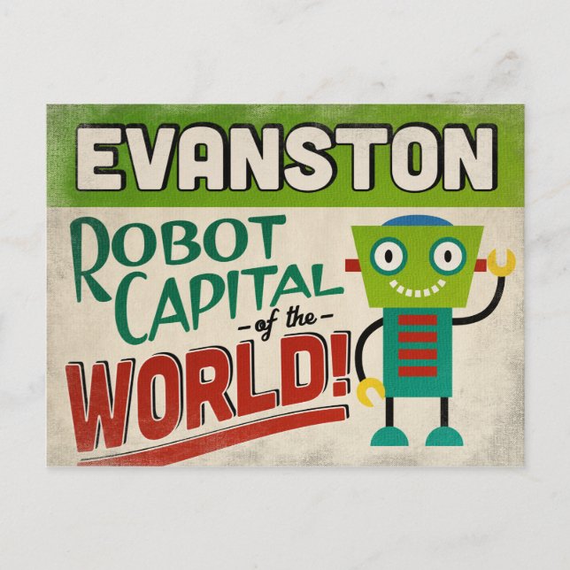 Evanston Illinois Robot - Funny Vintag Postkarte (Vorderseite)