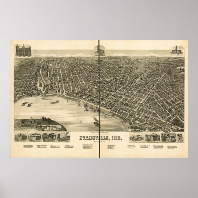 Evansville Indiana 1888 Antike Panoramakarte Poster (Vorne)