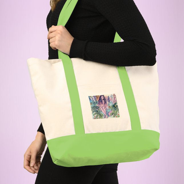 Eve with snake Apple Garden of Eden Tragetasche (Vintage image of Eve sitting in the garden of Eden on tote bag with green accents.)
