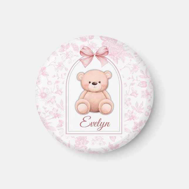 Evelyn | Benutzerdefiniertes rosa Teddy-Bär-Kinder Magnet (Vorne)
