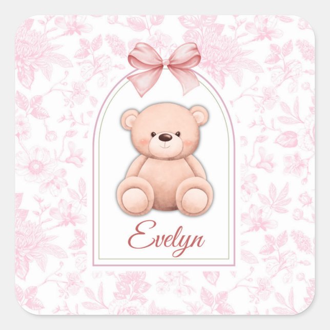 Evelyn | Benutzerdefiniertes rosa Teddy-Bär-Kinder Quadratischer Aufkleber (Vorderseite)