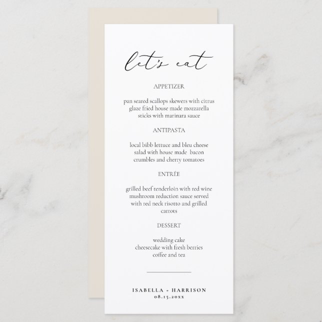 EVELYN Elegant Modern Script Classic Menu Card Menükarte (Vorne/Hinten)