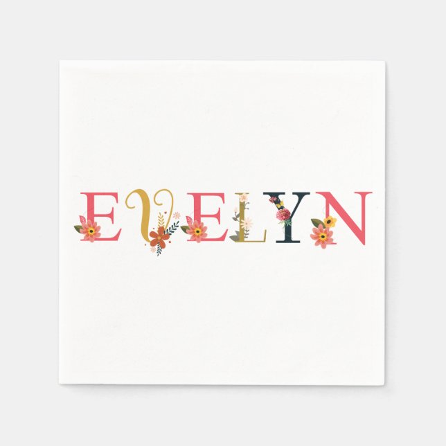 EVELYN Name Art mit Blume bestickt Serviette (Vorderseite)