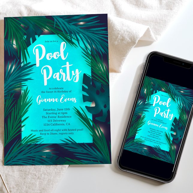 Evening Tropical palm lights pool party Sweet 16 Einladung (Evening Tropical palm lights pool party Sweet 16 Invitation)