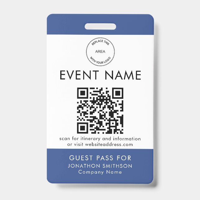 Event-Logo QR-Code Gast-Pass Name Blau Ausweis (Vorderseite)
