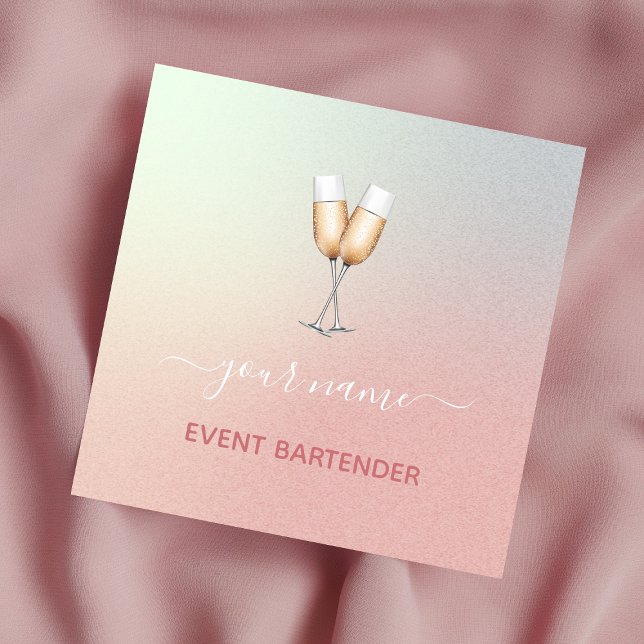 Event Party Barkeeper Champagne Glass Pink Ombre Quadratische Visitenkarte (Von Creator hochgeladen)