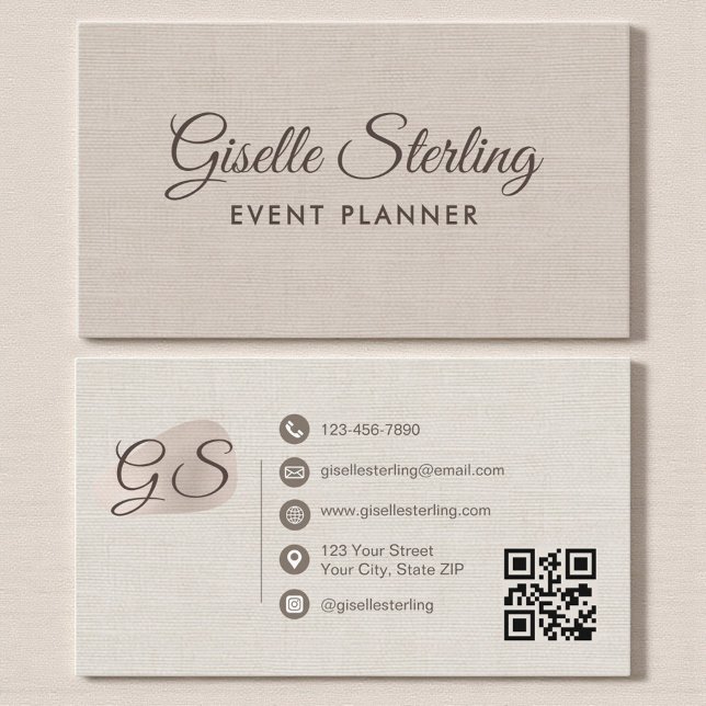 Event Planner Beige Linen Modern Elegant QR Code Visitenkarte (Von Creator hochgeladen)