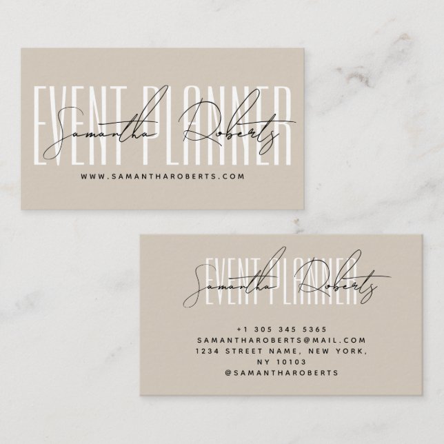 Event planner modern typography script beige visitenkarte (Vorne/Hinten)