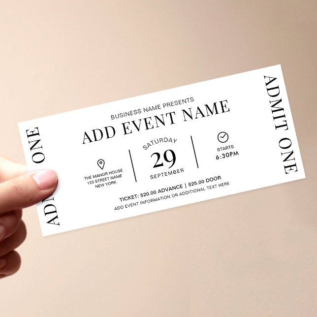 Event Ticket Company Logo Admit One Entry Pass Einladung (Minimalist business or private event tickets with fully editable text, colors and layout)