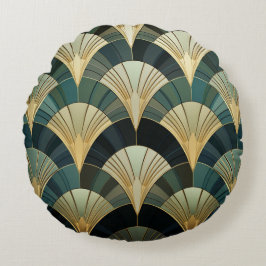 Eventails Art Deco - Or auf Smaragd Rundes Kissen