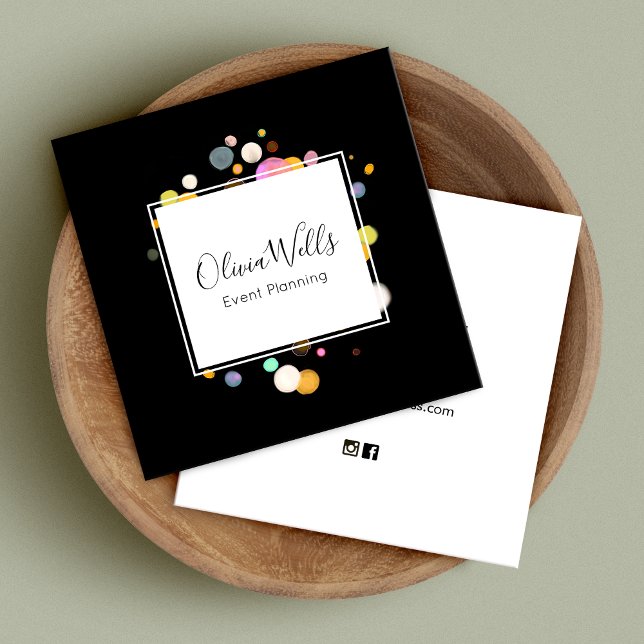 Eventplaner Confetti Black Square Business Card Quadratische Visitenkarte (Von Creator hochgeladen)