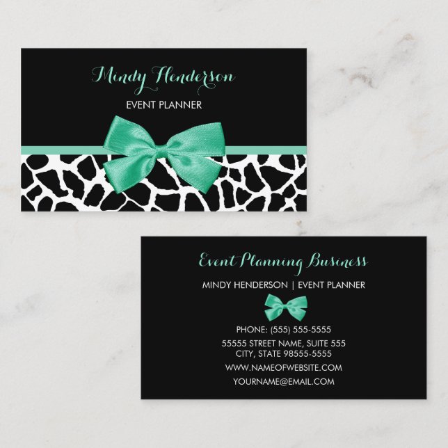 Eventplaner Hübsche Giraffe Print Mint Green Bow Visitenkarte (Vorne/Hinten)
