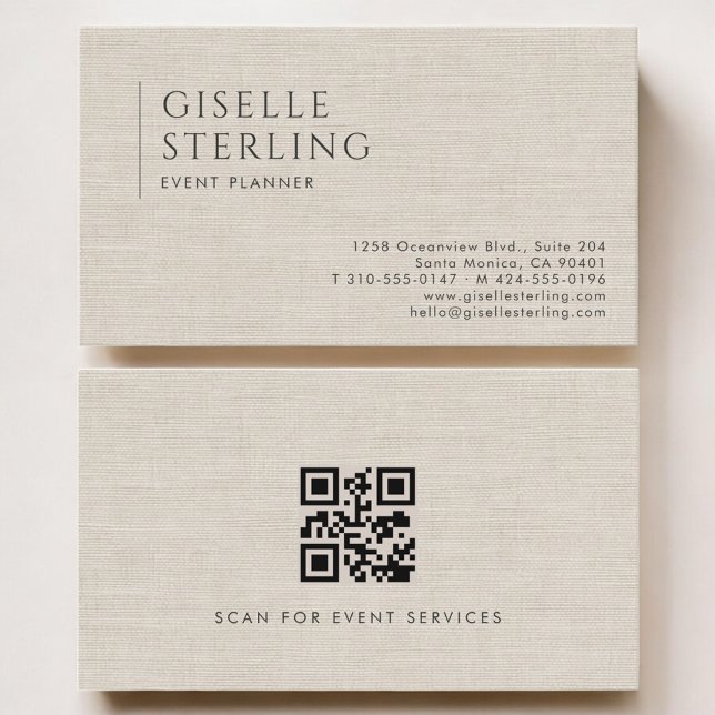 Eventplaner Luxus Neutraler Leinen QR-Code Visitenkarte (Von Creator hochgeladen)