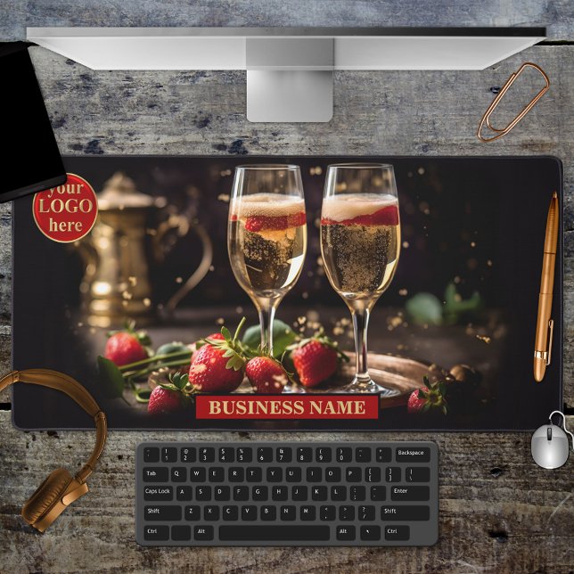 Eventplaner oder Caterer Champagne Schreibtischunterlage (Desk mat featuring a festive illustration of champagne and strawberries. Nice for an event planner)
