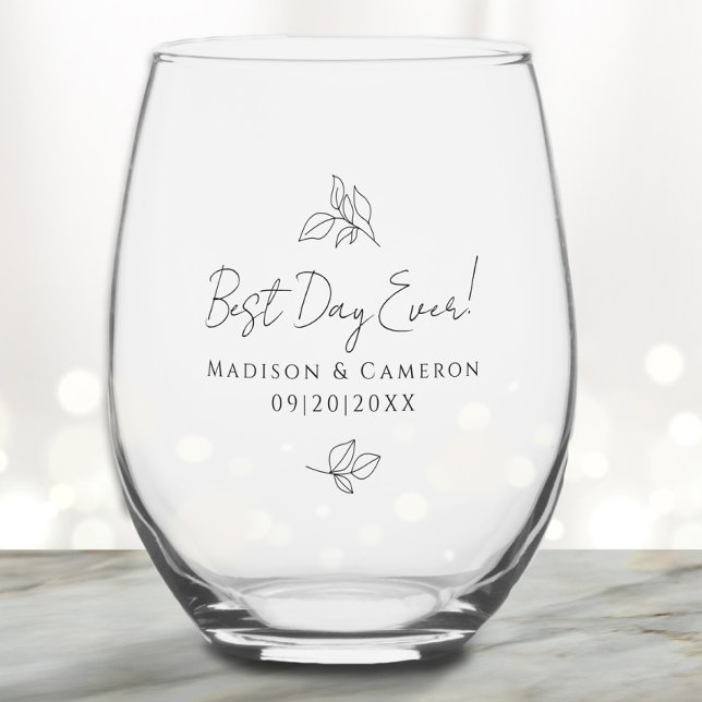 Ever Elegante Hochzeit Blätter Schwarzes Party Weinglas Ohne Stiel (Best Day Ever Elegant Wedding Leaves Black Party Stemless Wine Glass)