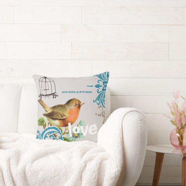 Everafter Bride Aquamarin Coral Gray Niedlich Bird Kissen (Liege)