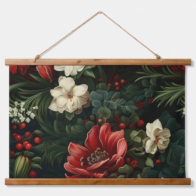 Everglow Weihnachten Florals Botanical Wandteppich Mit Holzrahmen (Vorne)